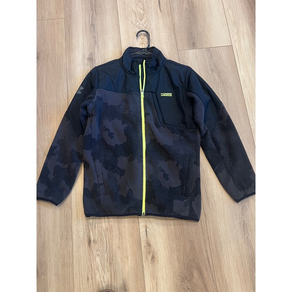 Under Armour Boys Camo Fleece Full Zip Jacket Black Gray Neon Green Youth